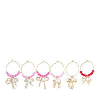 SUNNYCLUE 1 Box 6 Styles Gold Bow Wine Charms Cute Wine Glass Charms Metal Coquette Bowknot Imitation Pearl Beads Identifier Tags for Receptions Tasting Party Stem Glass Christmas Champagne Decoration