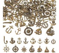 SUNNYCLUE 1 Box 60Pcs 15 Styles Anchor Charms Compass Charm Bulk Antique Bronze Tibetan Style Alloy Ocean Summer Sea Marine Boat Helm Pendants for Jewellery Making DIY Craft Earrings Bracelet Necklace
