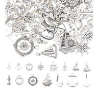 SUNNYCLUE 1 Box 60Pcs 15 Styles Nautical Charms Boat Charm Ocean Sea Summer Tibetan Style Antique Silver Sailor Anchor Helm Ship Compass Pendants for Jewellery Making Diy Earrings Bracelet Necklace