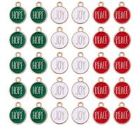 SUNNYCLUE 1 Box 60Pcs 3 Colors Joy Hope Peace Charms Enamel Christmas Charm Alloy Flat Round Word Xmas Wishes Pendants for Jewellery Making Earring Necklace Bracelet Keychain Crafts Holiday Supplies