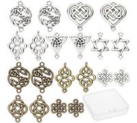 SUNNYCLUE 1 Box 60Pcs 7 Styles Celtic Knot Connect Charms Findings 2 Colors Tibetan Alloy Flower Triangle Heart Knot Links Good Luck Connector Charms Pendants for DIY Earring Making