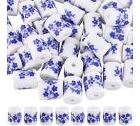 SUNNYCLUE 1 Box 60Pcs 8mm Porcelain Beads Blue Flower Ceramic Beads Bulk Smooth Printed White Column Porcelain Chinese Floral Loose Spacers for Jewellery Making Bracelets Necklace Supplies DIY Crafts