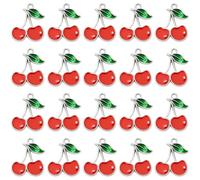 SUNNYCLUE 1 Box 60Pcs Cute Cherry Charms Red Cherries Charms Bulk Alloy Enamel Silver Metal Flat Small Dangle Food Fruit Pendants for Jewellery Making Supplies DIY Craft Necklace Bracelet Earring