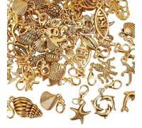 SUNNYCLUE 1 Box 60Pcs Gold Ocean Charms Clip On Charms Summer Ocean Beach Costal Sea Shell Fish Pendants with Lobster Claw Clasp Antique Golden Shoes Deocrations for Shoes Zipper Pull Jewellery Making