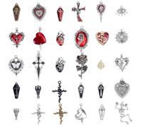 SUNNYCLUE 1 Box 60Pcs Gothic Themed Charms Skull Charm Bulk Halloween | Red Black Enamel Sacred Heart Rose Flower Coffin Cross Charm for Jewellery Making Charms Earrings Bracelets Necklace Crafts