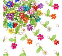 SUNNYCLUE 1 Box 60Pcs Seed Bead Flower Charms Floral Glass Charms Bulk Random Mixed Colorful Spring Small Flowers Shaped Pendants with Green Acrylic Leaf for Jewelry Making Necklace Earring DIY Craft