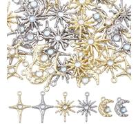 SUNNYCLUE 1 Box 60Pcs Sun Moon Star Charms Celestial Charm Bulk 3D Resin Alloy Gold Silver Crescent Four Pointed Stars Pendants for Jewellery Making Necklace Bracelet Earrings DIY Crafts Women Adults