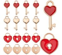 SUNNYCLUE 1 BOX 60Pcs Valentines Day Heart Charm Bulk Lock Charms Love Alloy Key Wedding Small Enamel Gold Red Lucky Mini Anniversary Charms for Jewelry Making Charms Bracelet Crafting Beginner Adult