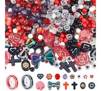 SUNNYCLUE 1 Box 645Pcs Red And Black Beads Assorted Czech beads Kit 20m Wire Acrylic Cute Bow Flower Stars Heart Gothic Cross Loose Spacer for Jewellery Making DIY Necklaces Bracelets Charms Keychain