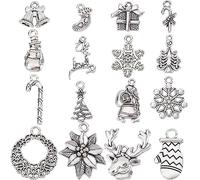 SUNNYCLUE 1 Box 64Pcs 16 Style Christmas Charm Bulk Silver Christmas Charm Tibetan Alloy Candy Snowflake Snowman Xmas Bell for jewellery Making DIY Necklace Bracelet