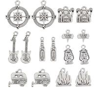 SUNNYCLUE 1 Box 64Pcs 8 Styles Camping Theme Charms Camp Charm Tibetan Silver Flame Campervan Compass Guitar Sign Botter Alloy Charm for jewellery Making Charms Supplies DIY Necklace Bracelet Earrings