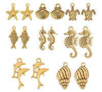 SUNNYCLUE 1 Box 64Pcs 8 Styles Gold Sea Animal Charms Metal Shell Charm Tibetan Alloy Vintage Summer Ocean Animals Turtle Dolphin Dangle Pendants for Jewelry Making Supplies DIY Crafts Necklace