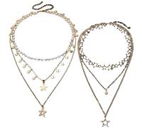 SUNNYCLUE 1 Box 6pcs 2 Sets Layered Necklace Gold Star Necklace Alloy Golden Cute Beadable Pearls Pentagram Five Pointed Stars Pendant Jewellery Sets for Women Christmas Halloween Birthday Gift