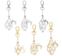SUNNYCLUE 1 Box 6pcs 3 Styles Cage Key Chain Holder Stone Holder Pendant Gold Silver Empty Crystal Rock Gemstone Mesh Cage Moon Star Key Rings with Lobster Clasp for Jewellery Making Keychain Gifs Diy