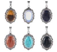 SUNNYCLUE 1 Box 6Pcs 6 Styles Natural Stone Charm Silver Gemstone Charms Bulk Metal Oval Colorful Vintage Tiger Eye Stones Pendants for Jewellery Making Supplies DIY Craft Necklace Bracelet Earring