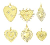SUNNYCLUE 1 Box 6Pcs 6 Styles Real 18k Gold Plated Valentines Day Brass Golden Heart Charm Sacred Charms Bulk Cubic Zirconia Cinco de Mayo Love Harts Pendants for Jewellery Making Earrings DIY Craft