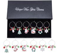 SUNNYCLUE 1 Box 6pcs Christmas Wine Charms Diy Wine Stem Charms Colorful Red Green Snowflake Trees Identifiers Wine Tag for Holiday Party Favors Family Gatherings Drinker Gift Wedding Decoration