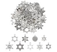 SUNNYCLUE 1 Box 72Pcs 9 Styles Star of David Charms Magen David Star Charm Hexagram Tibetan Silver Six Point Star Lucky Magic Charm for Jewellery Making Charms Supplies DIY Necklace Bracelet Earrings