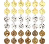 SUNNYCLUE 1 Box 72Pcs Metal Zodiac Charms Blank Bracelet Charms Twelve Constellations Colorful Flat Round Hollow Engraved Small Alloy Sign Pendants for Jewellery Making Necklace Bracelets DIY Crafts