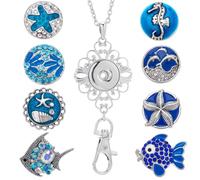 SUNNYCLUE 1 Box 8 Styles Women Badge Lanyards ID Badge Lanyard Cute Blue Enamel Rhinestone Ocean Fish Snap Button Lanyard Necklace Interchangeable Teacher Lanyards for Badge Holder Keys Name Tags