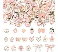 SUNNYCLUE 1 Box 80Pcs 20 Styles Assorted Pink Charms Metal Enamel Charms Bulk Alloy Coquette Bowknot Flower Heart Butterfly Crown Moon Star Pendants for Jewelry Making Bracelets Earrings DIY Crafts