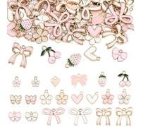 SUNNYCLUE 1 Box 80Pcs 20 Styles Coquette Bow Charms Pink Flower Charm Bulk Alloy Enamel Bowknot Lolita Cherry Strawberry Bow Tie Knot Pendants for Jewellery Making DIY Necklaces Earring Crafts Bag