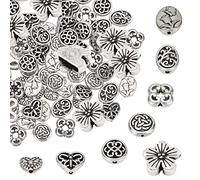 SUNNYCLUE 1 Box 80Pcs 8 Styles Flower Spacer Beads Antique Silver Alloy Hollow Heart Flat Round Oval Loose Spacers Tibetan Style for Jewelry Making Necklaces Bracelets DIY Crafts Supplies