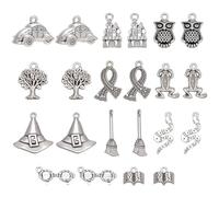 SUNNYCLUE 1 Box 88Pcs 11 Styles Magic Themed Charms Witch Charm Bulk Halloween Antique Silver Tibetan Style Magical Witch Hat Owl Snake Broom Pendants for Jewellery Making Necklace Bracelet Earrings