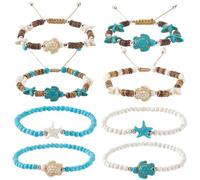 SUNNYCLUE 1 Box 8pcs 5 Styles Starfish Bracelets for Women Beach Bracelets Adjustable Retro Vintage Summer Wooden Synthetic Turquoise Anklet Multi Layered Jewellery String Set Christmas Wedding Gifts