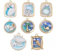 SUNNYCLUE 1 Box 8Pcs 8 Styles 3D Ocean Charms Sea Enamel Charm Bulk Gold Metal Alloy ABS Imitation Pearls Glass Summer Beach Hawaii Pendants for Jewelry Making Earrings Necklaces DIY Crafts
