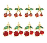 SUNNYCLUE 1 Box 8Pcs Real 18k Gold Plated Brass Cherry Charm Glass Fruit Charms Bulk Summer Red Fruits Berry Green Leaves Cherries Shaped Mini Pendants for Jewellery Making Bracelets DIY Crafts