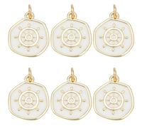 SUNNYCLUE 1 Box 8Pcs Real 18K Gold Plated Brass Nautical Charms Flat Round Charm with Helm Wheel Summer Sailing Ship Pendants with Jump Rings for Jewellery Making DIY Necklaces Bracelets Earrings