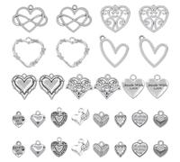 SUNNYCLUE 1 Box 90Pcs Heart Charms Hearts Charm Valentine's Day Assorted Tibetan Style Antique Silver Heart Love Infinity Charms Valentine Fancy Flowers Hollow Heart Charm for jewellery Making Charms