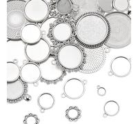 SUNNYCLUE 1 Box About 100G Assorted Blank Bezel Pendant Trays Round Bezel Pendant Trays Bulk Mixed Metal Silver Base Cabochon Settings Charms for Jewelry Making Bouquet Photo Graduation Women DIY