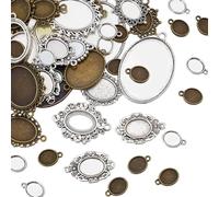 SUNNYCLUE 1 Box About 100G Oval Pendant Blanks Bezel Tray Blanks Antique Tibetan Metal Small Base Cabochon Settings Cameo Pattern Dangle Pendants for Jewellery Making DIY Craft Bouquet Bridal Wedding