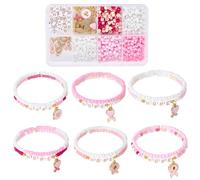 SUNNYCLUE 1 Box about 680Pcs DIY 6 Sets Breast Cancer Awareness Bracelets Pink Bracelet Making Kits Alphabet Ribbon Heart Letter Charms for Jewellery Making Kit Supplies Women Beginners Adult Starter