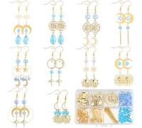 SUNNYCLUE 1 Box DIY 10 Pairs Blue Earring Making Kit Gold Moon Star Charms Real 18K Gold Plated Moon Hollow Charms Alloy Brass Sun Connectors With Beading Hoops Hooks For Jewellery Making Women
