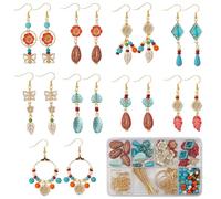 SUNNYCLUE 1 Box DIY 10 Pairs Boho Earring Making Kit Turquoise Charms Baroque Style Tibetan Gold Plating Metal Enlaced Spring Leaves Clear Flower Butterfly Charms for Jewellery Making Kits Women Adult