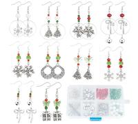 SUNNYCLUE 1 Box DIY 10 Pairs Christmas Charms Red Green Glass Beads Earrings Making Starter Kit Tibetan Style Antique Silver Snowflake Charms Christamas Tree Charms for Jewellery Making Kits Women