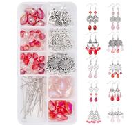 SUNNYCLUE 1 Box DIY 10 Pairs Red Beads Chandelier Dangle Earring Making Kit Flat Round Celtic Knot Flower Tree Snowflake Heart Component Links Teardrop Electroplate Glass Beads for Jewelry Beginners