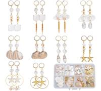 SUNNYCLUE 1 Box DIY 10 Pairs Shell Earrings Kit Real 18K Gold Huggie Findings Ocean Themed Electroplate Natural Spiral Shells Alloy Enamel Light Golden Starfish Bead Charm For Jewellery Making Kits