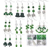 SUNNYCLUE 1 Box DIY 10 Pairs St Patricks Day Earrings Making Kit Silver 3 Leaf Clover Charms Irish Shamrock Charm Green Glass Spacer Beads for Jewellery Making Kits Adults Women Gifts Holiday Supplies