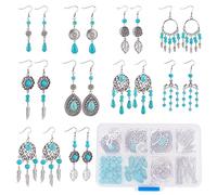 SUNNYCLUE 1 Box DIY 10 Pairs Vintage Style Chandelier Charms Hollow Leaf Charm Earring Making Kit Synthetic Turquoise Beads Feather Charms for Jewellery Making Flower Shape Teardrop Charm Adult Craft
