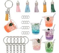 SUNNYCLUE 1 Box DIY 5 Sets Keychain Making Kit Milk Tea Charms Resin Cute Summer Bubble Drink Cup Bottle Tea Charm With Tassel Charm Split Rings for Jewellery Making Kits Christmas Backpack Supplies
