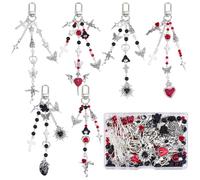 SUNNYCLUE 1 Box DIY 6 Sets Gothic Bag Charms Halloween Keychain Kit Black Red Silver Star Rose Flower Crosses Sacred Heart Wing Skull Charms for Handbags Bags Backpacks Party Supplies Accessories