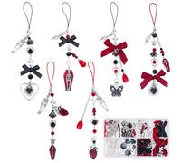 SUNNYCLUE 1 Box DIY 6 Sets Halloween Phone Charm Kit Coffin Charms Gothic Black Red Bow Knot Butterfly Wing Crosses Sacred Heart Mobile Cellphone Charms Supplies for Jewellery Making Kits Keychain