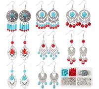 SUNNYCLUE 1 Box DIY 8 Pairs Bohemian Earrings Making Kit Tibetan Style Chandelier Charms Women Boho Earring Round Charms Leaf Charm Synthetic Turquoise Beads Red Glass Beads for Jewellery Making Kits