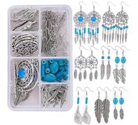 SUNNYCLUE 1 Box DIY 8 Pairs Feather Dangle Earrings Making Starter Kit Bohemian Tibetan Style Chandelier Connectors Charms with Turquoise Beads Supplies for Women Beginners Jewellery Making Kits