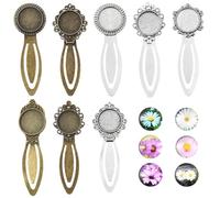 SUNNYCLUE 1 Box DIY 8 Sets Flower Bookmark Cabochon Bookmarks Vintage Antique Silver Bronze Book Mark Pendant Tray Blanks Flower Glass Cabochons Book Marks for Reading Crafting Holiday Gift Supplies