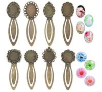 SUNNYCLUE 1 Box Diy 8 Sets Flower Bookmarks Cabochon Bookmark Vintage Book Marks Blanks With Floral Glass Cabochons Antique Bronze Metal Book Marks for Reading Crafting Adults Supplies